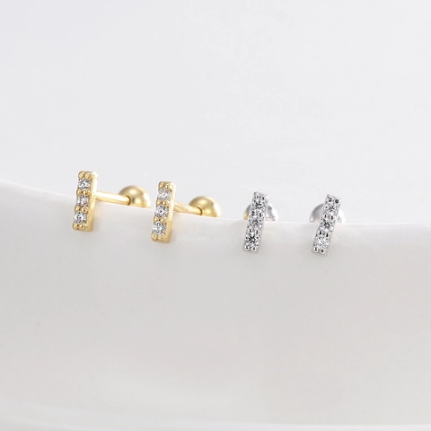 925 Argento Sterling Placcato Oro 14K Zirconia Orecchini a Bottone Lineari Minimalisti con Chiusura a Sfera Geometrici