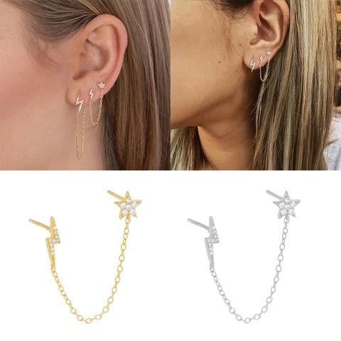 Asymmetric Star And Lightning Chain Stud Earrings Made Of 925 Sterling Silver With Zircon Inlay Fashion Jewelry For Women