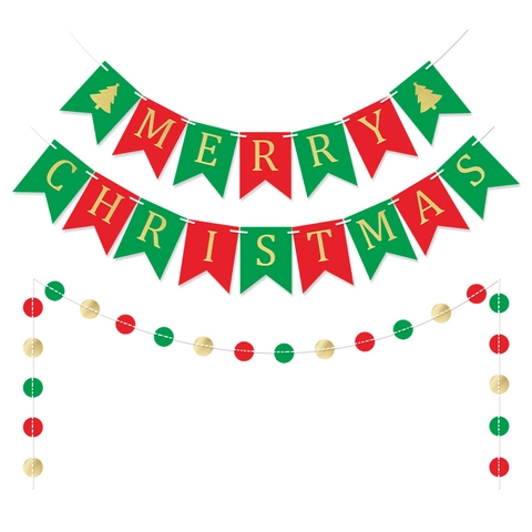 Kerstbanner Merry Christmas Letter Bunting Papier Swallowtail Vlag Rood Groen Goud Ronde Stippen String Party Decoratie