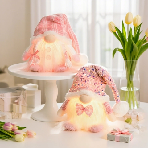 Christmas Glowing Gnome Plush Figurine LED Lighted Pink White Striped Knit Fabric Sequined Faux Fur Nordic Home Decor