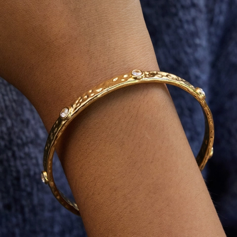 Gehämmerte Armreif Armband 18K Vergoldet Edelstahl Rund Zirkonia Inlay Wasserdicht Hypoallergen Minimalist Schmuck