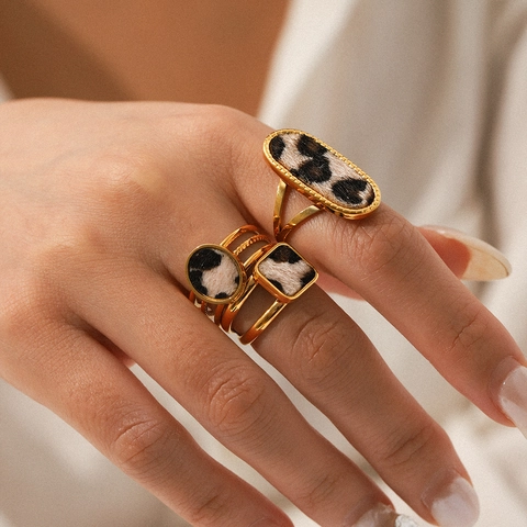 Geometric Leopard Print Open Rings Stainless Steel Adjustable Oval Round Square Gold Plated Vintage Jewelry Women