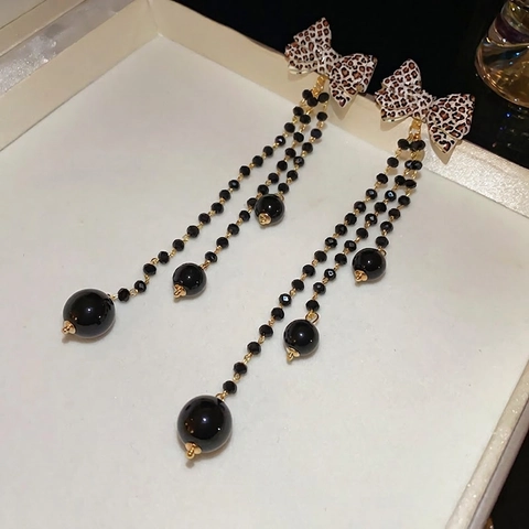 Orecchini Lunghi Con Nappine E Fiocco Leopardato Con Perno In Argento Perline Nere Gioielli Chic Vintage Per Donne
