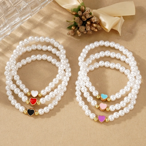 Pulsera de Perlas Artificiales Retro Francés Con Colgante de Corazón de Esmalte Colorido Joyas de Perlas Elásticas para Regalo Mujer
