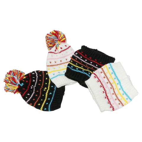 Berretto In Maglia E Scaldacollo Per Bambini Inverno Caldo Acrilico Strisce Colorate Motivo Arcobaleno Grande Pompon