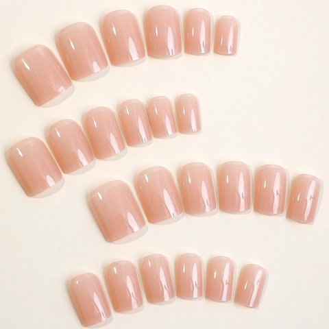 Short Square Round Press On Nails Nude Pink Solid Color Jelly Glossy Wearable Artificial Finger Nail For Women