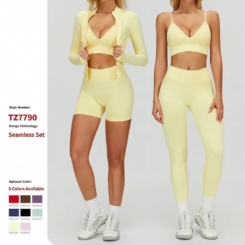 Ropa De Yoga Sin Costuras Mujer Acanalada Nylon Spandex Cintura Alta Fitness Sujetador Deportivo Chaqueta Leggings Y Pantalones Cortos