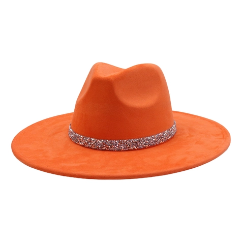 Elegant Fedora Hat For Women Men Vintage Wide Brim Felt Suede Jazz Cap With Sparkling Rhinestone Band Heart Shape Top