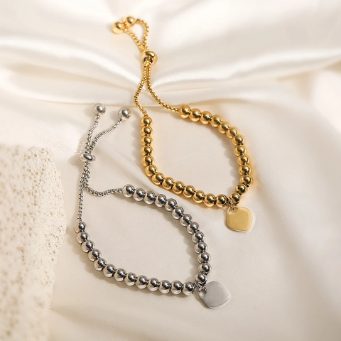 Minimalistisches Edelstahl 4mm Perlenkette Armband Für Damen Verstellbarer Kordelzug Herzanhänger Gold Silber Modeschmuck