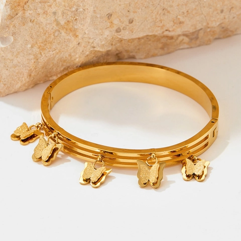 Bracciale Rigido A Triplo Strato In Acciaio Inossidabile Con Ciondoli A Farfalla Satinati Gioielli Eleganti Per Donna