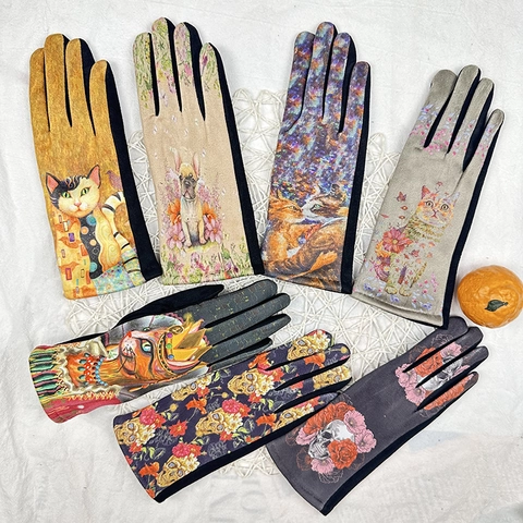 Damen Touchscreen Handschuhe Wildleder Baumwollmischung Fleece Gefüttert Warm Winter Künstlerischer Ölgemälde Druck Muster