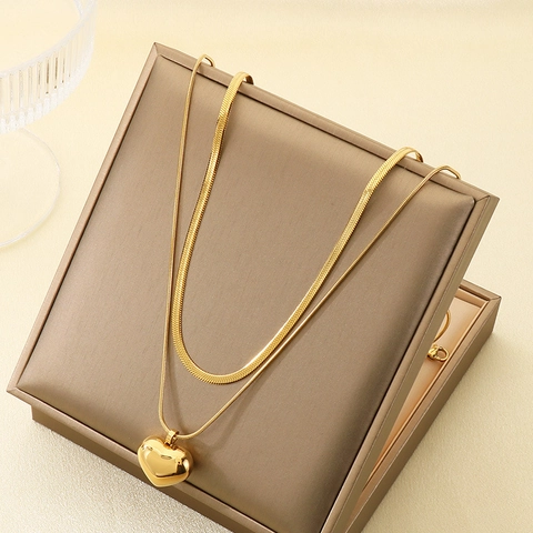 Collana Doppio Strato Pendente Cuore Acciaio Inossidabile 316L Catena Serpente Gioielli Clavicola Per Donne