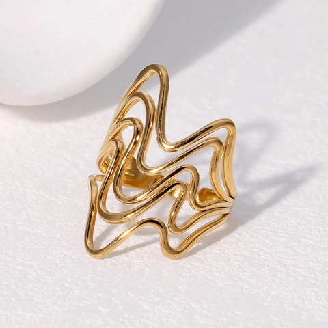 Stainless Steel Ring Women Irregular Wavy Multi Layer Hollow Design Minimalist Modern Geometric Open Adjustable Jewelry