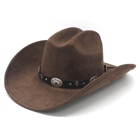 Western Cowboy Hat Vintage Faux Suede Wide Brim Adjustable Ethnic Concho Decor Retro Fedora For Men Women