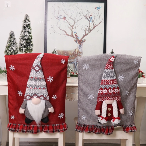 Housse De Chaise Noël 3D Nain Sans Visage Lin Tissu Non Tissé Flocon De Neige Volants Écossais Décor De Fête
