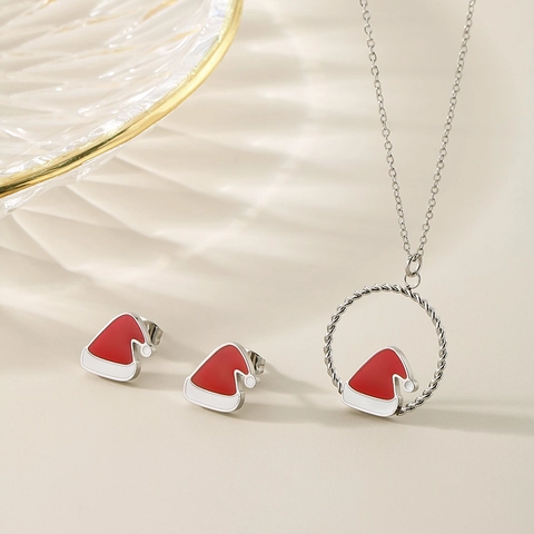 Gioielli Cappello Di Babbo Natale In Acciaio Inossidabile Smalto Rosso Collana Con Pendente E Orecchini Donna Accessori