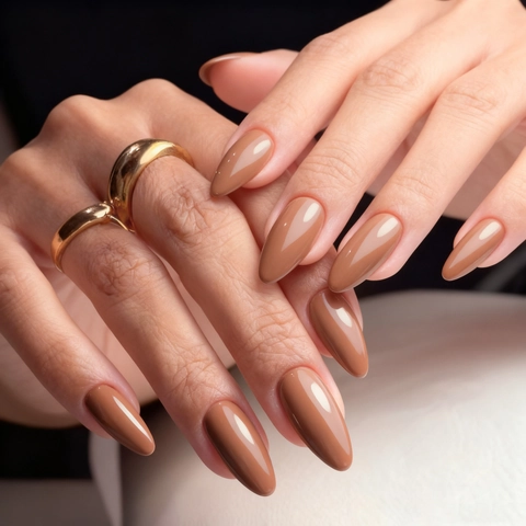 Glossy Light Brown Press On Nails Long Almond Shaped Solid Color False Nails Elegant Artificial Nails For Women Daily Manicure