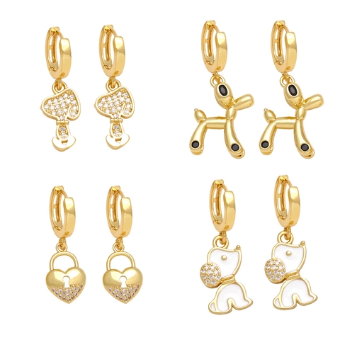 Boucles D'oreilles Pendantes En Cuivre Plaqué Or Avec Zircon Et Émail Pendentif Animal Champignon Coeur Bijoux Pour Femmes