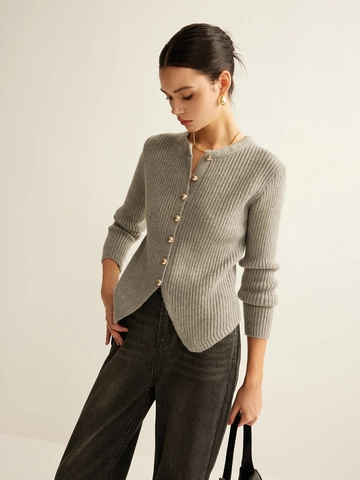 Chaqueta De Punto Para Mujer Ajustada Cuello Redondo Botones Dorados Manga Larga Acanalada Color Sólido Tops Elegantes