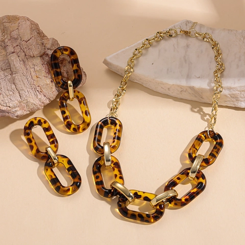 Gioielli Leopardati In Acrilico Collana A Catena Grossa E Orecchini Con Silver Earring Post Retrò Tartarugato