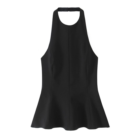 Halter Neck Peplum Top Sleeveless Polyester Slim Fit Backless Solid Color Sexy Ruffle Hem Tank For Women