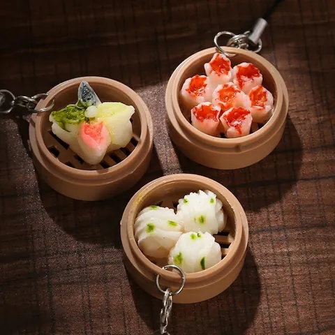 Simulation Dim Sum Dampfgarer Schlüsselanhänger ABS Brötchen Siu Mai Har Gow Essensmodell Anhänger Tasche Charm Kreatives Geschenk