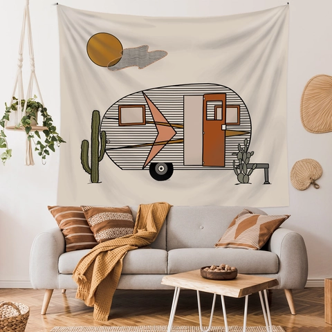 Vintage Camper Wandtapijt Polyester Bohemian Retro Cactus Zonsondergang Kunst Ophanging Voor Slaapkamer Woonkamer Decor