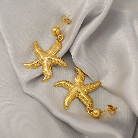 Starfish Drop Earrings 18K Gold Plated Stainless Steel Textured Ocean Series Marine Style Jewelry For Women Fashionable