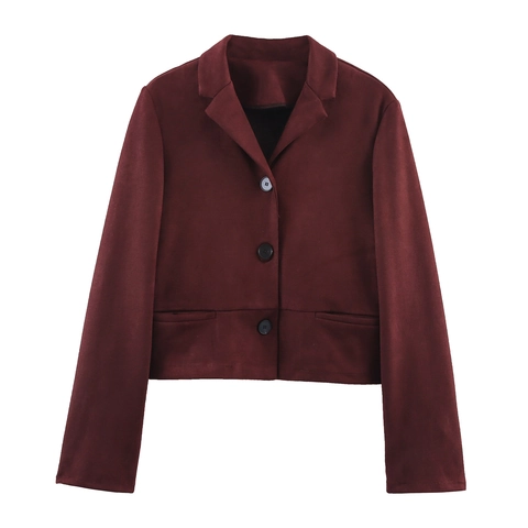 Dames Korte Jas Van Imitatiesuède Met Reverskraag Single Breasted Lange Mouwen Bordeaux Vintage Casual Mantel