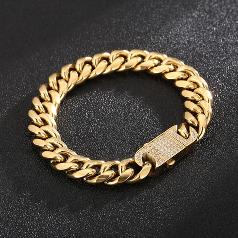 Hip Hop Men Cuban Link Chain Stainless Steel Necklace And Bracelet Rhinestone Iced Out Square Clasp Punk Jewelry