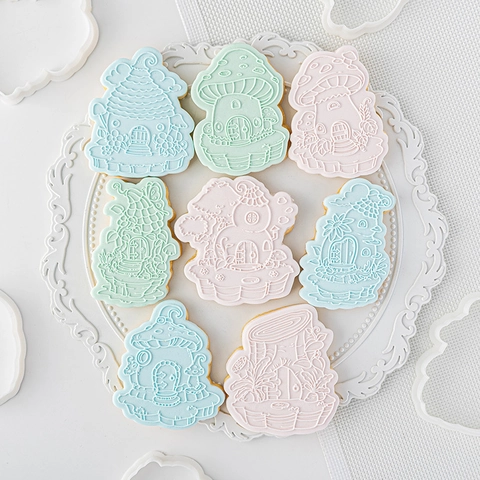 Mushroom House Cookie Cutter Fairy Forest House Embossing Stamp Fondant Mold Plastic Acrylic Baking Tools DIY