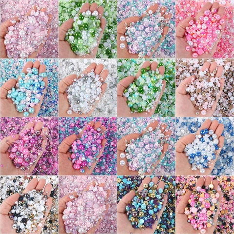 Mixed Flatback Half Round Artificial Pearls Resin Rhinestones DIY Crafts Nail Art Decoration Plastic Colorful AB Iridescent