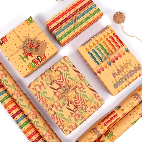 Papier Emballage Cadeau Anniversaire Kraft Impression Happy Birthday Motif Coloré Pour Cadeaux Fête Style Rétro