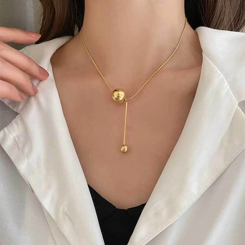 Minimalistische Titanstahl Halskette Mit Doppel-Kugel Anhänger Für Damen Gold Silber Schlangenkette Modeschmuck Geschenk
