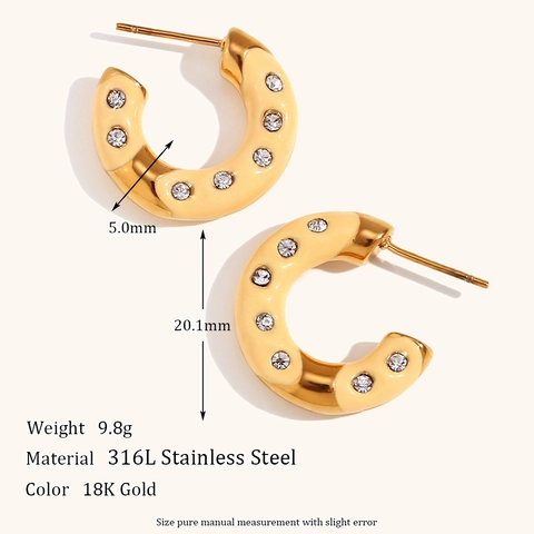 316L Stainless Steel Hoop Earrings 18K Gold Plated Enamel Drip Oil Colorful C Shaped Rhinestone Jewelry For Women