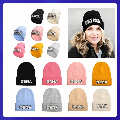 Casual Acrylic Knitted Beanie Hat With Letter MAMA MINI PAPA Chenille Embroidery For Women Kids Warm Soft Solid Color Winter Skull Cap