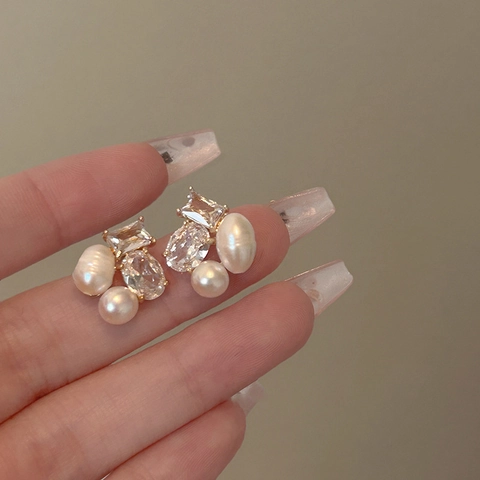 Orecchini A Lobo Geometrici Zircone Perle Acqua Dolce Con Perno In Argento Stile Francese Elegante Vintage Per Donna