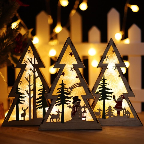 Christmas Wooden LED Lighted Ornament Tree Shape Hollow Desktop Night Light Holiday Decor Reindeer Snowman Santa Claus