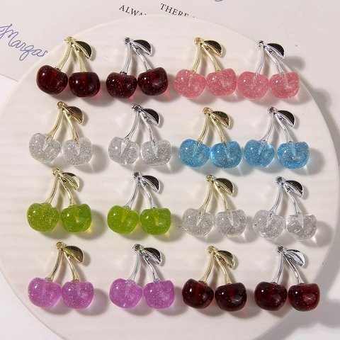Hars Kers Bedeltjes Met Glitter Metalen Steel Voor DIY Sieraden Maken Zoete Fruit Hangers Voor Oorbellen