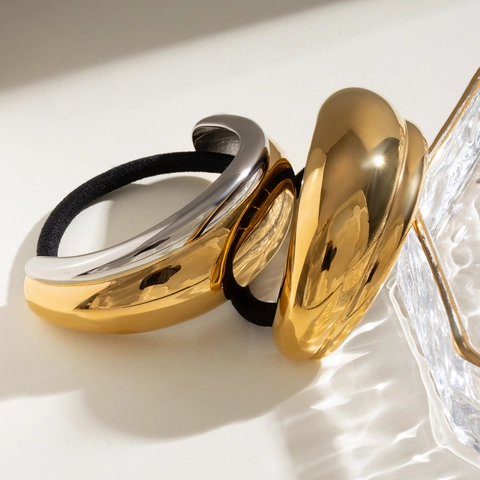 Stainless Steel Metal Cuff Hair Tie Crescent Curved Gold Silver Plated High Elastic Ponytail Holder For Women Minimalist