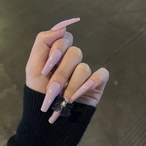 Long Coffin Press On Nails Taro Purple Glossy High Shine Artificial Nails With 3D Black Bow Knot Sweet Style