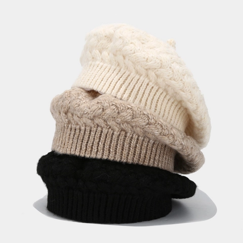 Acrylic Knit Beret Hat For Women Retro Cable Textured Solid Color Warm Winter Pumpkin Artist Cap