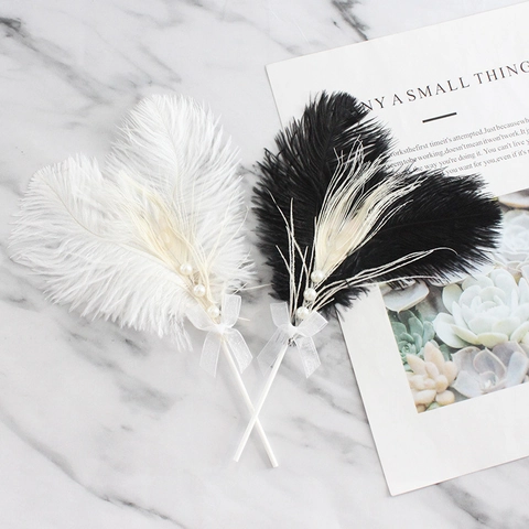 Elegant Cake Topper Natural Ostrich Feather With Faux Artificial Pearl Ribbon Bow Heart Shaped Decoration For Wedding Birthday Party