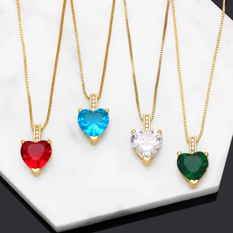 Heart Pendant Necklace 18K Gold Plated Copper Colorful Cubic Zirconia Box Chain Elegant Minimalist Jewelry For Women