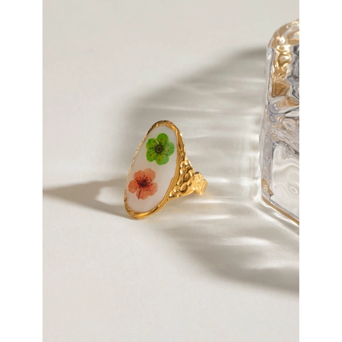 Adjustable Ring 18K Gold Plated Stainless Steel With Real Dried Flowers Resin Retro Pastoral Nature Jewelry For Women