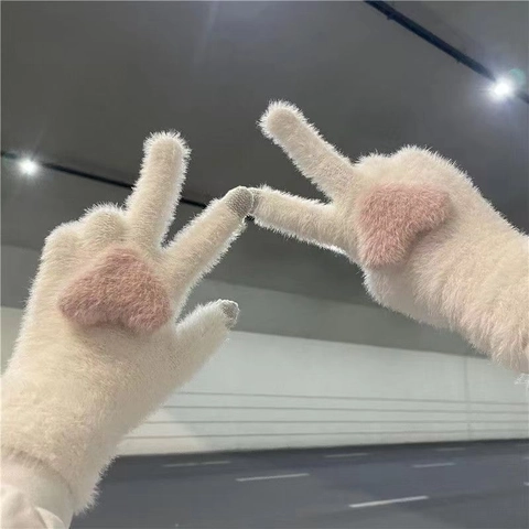 Guanti in Peluche Imitazione Pelliccia di Visone Donna Invernali Caldi Motivo a Cuore Touchscreen Antivento Ciclismo