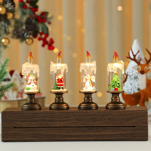 LED Weihnachtskerze Lampe Wasserlaterne Weihnachtsmann Schneemann Figuren Retro Bronze Basis Batteriebetrieben Glitzerschnee Deko