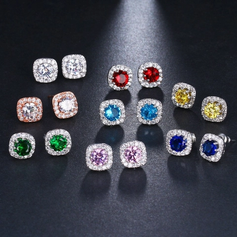 Square Halo Copper Rhinestone Stud Earrings For Women With Stainless Steel Ear Post Elegant Sparkly Fashion Jewelry