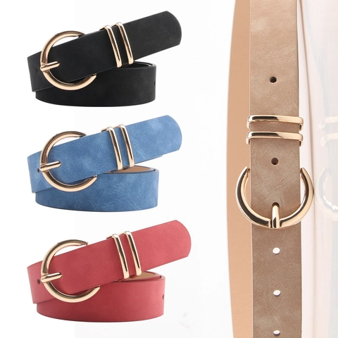 Dames Riem Van PU Leer Nubuck Textuur Met Gouden Ronde Doornsluiting Voor Jeans Jurk Casual Eenvoudig Elegant