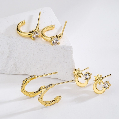 18K Gold Plated Copper Stud Earrings Clear Cubic Zirconia C Shape Moon Star Minimalist Jewelry For Women
